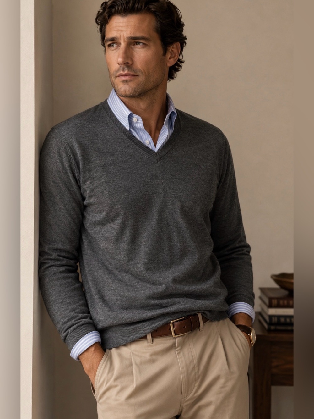 100% Merino Wool Express V-Neck Sweater - Dark Gray